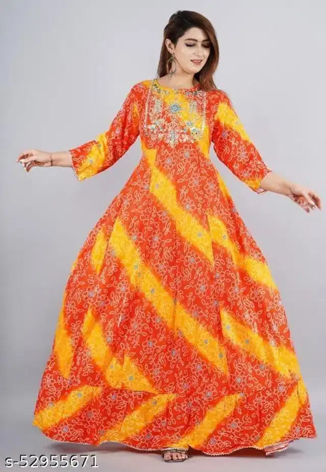 Rayon Printed Gown for Women (Orange, M)