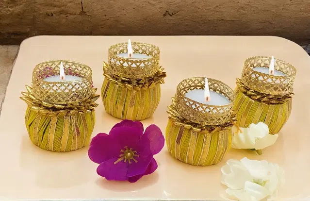 Metal Designer Tealight Candle Holder, Yellow, 4x4x5.5 cm, Pack of 4