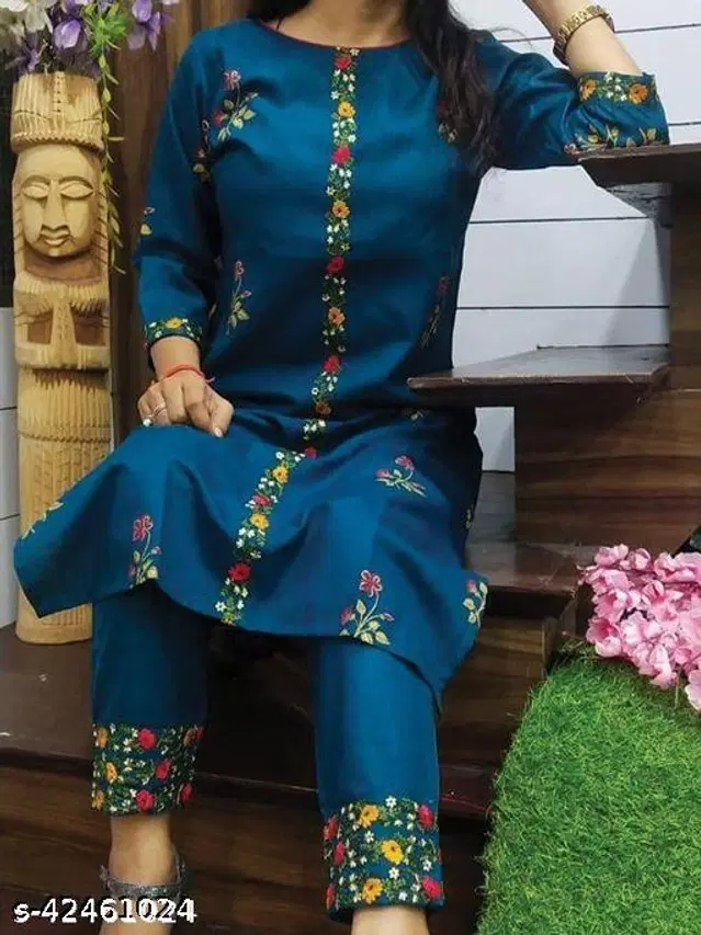 Cotton Embroidered Kurta with Pant for Women (Blue, XXL)