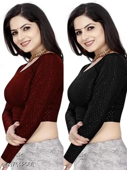 Lycra Ready Made Blouse for Women, Maroon & Black, Pack of 2 (34)