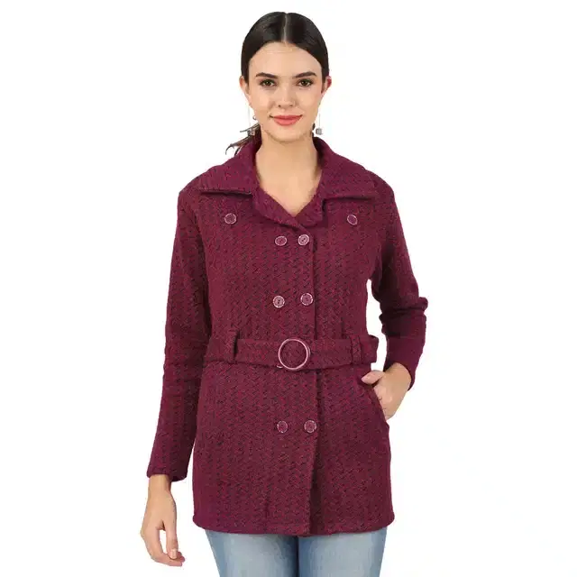 Woollen Blend Full Sleeves Cardigan for Women (Wine, L)