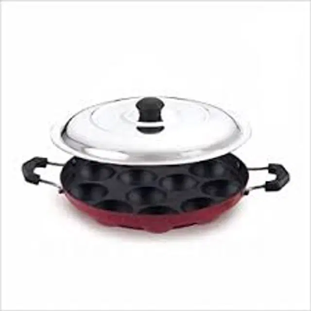 ZODEX 12 Cavities Non Stick Appam Patra with Lid and Side Handle, Multicolor, 21 cm