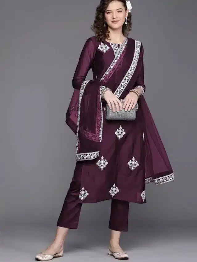 Viscose Rayon Printed Kurta Set for Women (Purple, S)