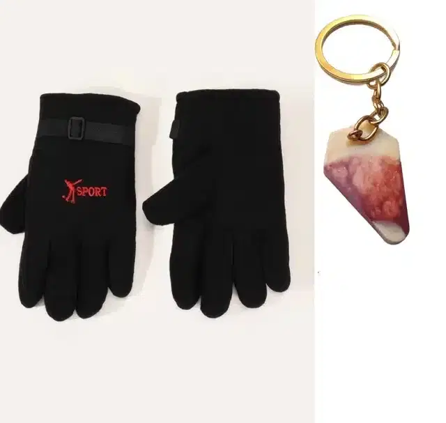 Fleece Winter Gloves with Resin Keychain for Men, Combo of 2 (Black)