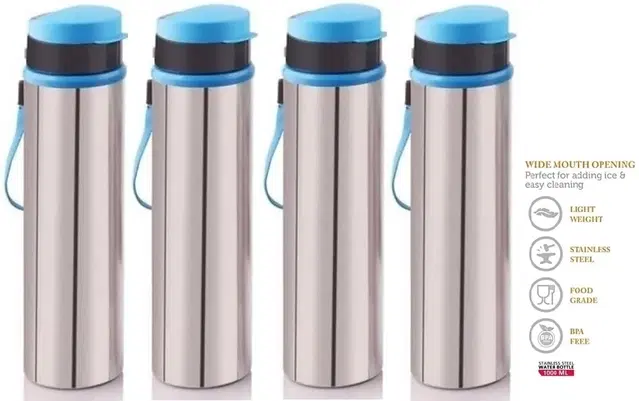Stainless Steel Water Bottle, Silver & Blue, 900 ml, Pack of 4