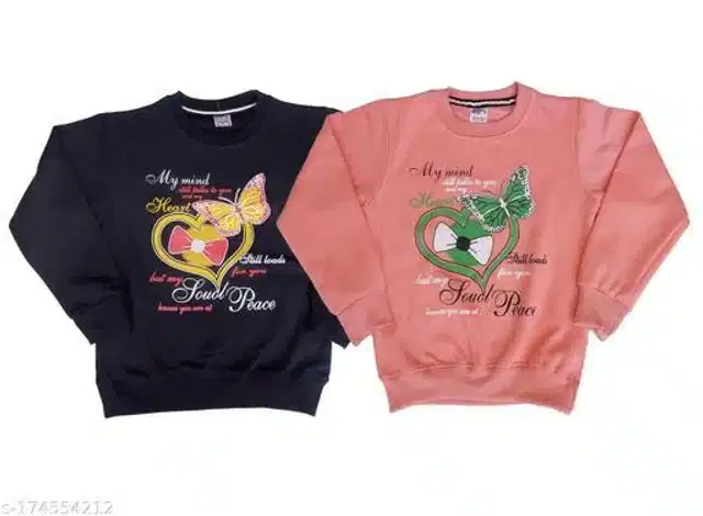 Fleece Printed Full Sleeves Round Neck Sweatshirts for Girls, Pack of 2 (Black & Pink, 3-4 Years)