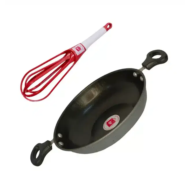 Non-Stick Kadhai & Plastic Whisker, Set of 2, Red & Black, 1500 ml
