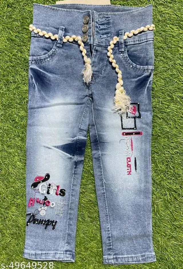 Denim Embroidered Jeans for Girls (Blue, 2-3 Years)