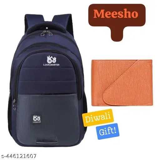 Polyester Backpack with Wallet for Men, Blue, Set of 2