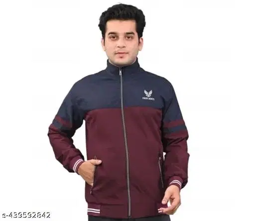 Polyester Solid Jacket for Men (Maroon & Navy Blue, M)