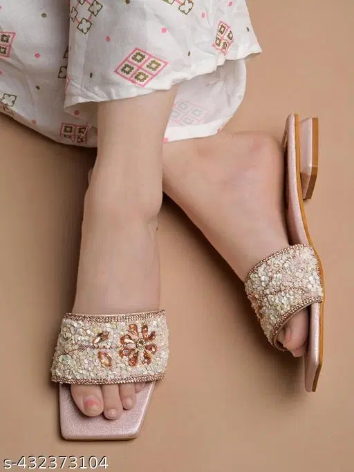 Embellished Synthetic Flat Sandals for Women (Gold, IND-7)