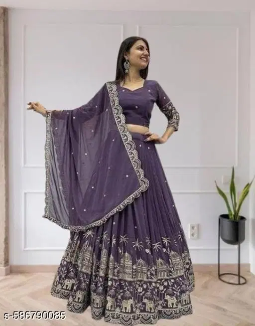 Embroidered Lehenga Choli for Women (Purple, Free Size)