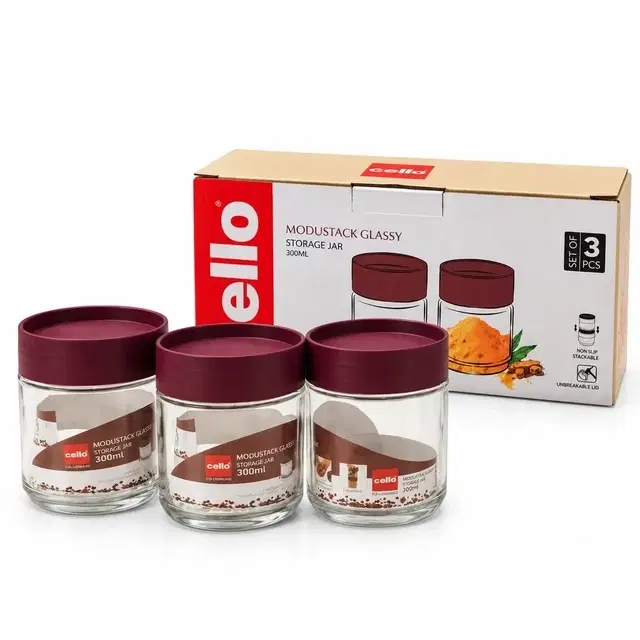 Cello Modustack Glass Storage Jar with Lid, 300ml | Set of 3, Maroon | Airtight Lid | Microwave & Dishwasher Safe | Kitchen Container for Spices, Tea, Snacks, Pulses & Dry Fruits