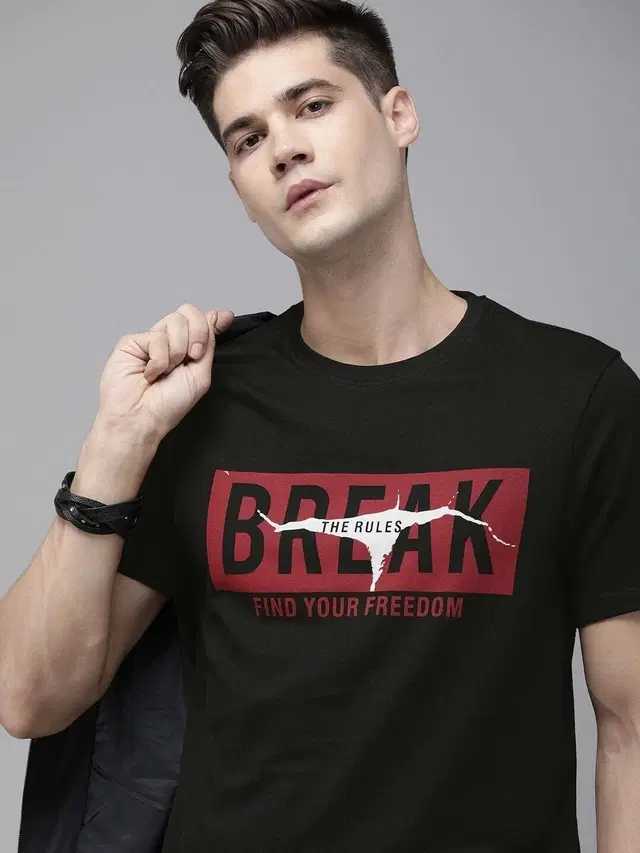 Polyester Printed T-Shirt for Men, Black (L)