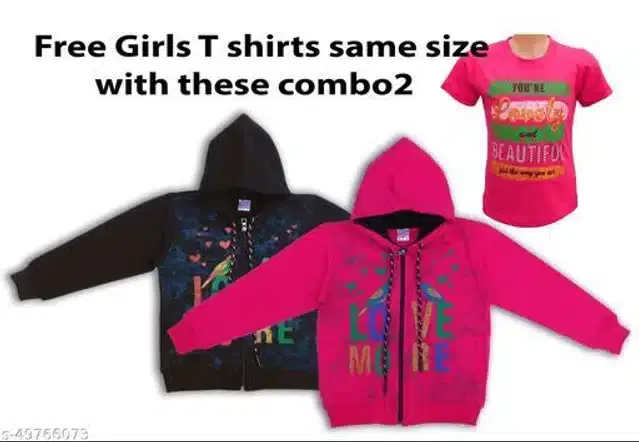 Fleece Printed Full Sleeves Hooded Sweatshirts with Free T-Shirt for Girls, Set of 3 (Multicolor, 2-3 Years)