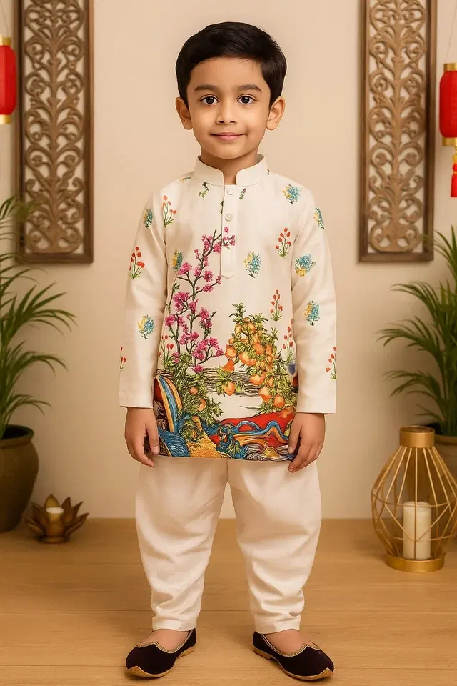Cotton Silk Printed Kurta & Paints Set for Boys , Multicolor (5-6 Years)