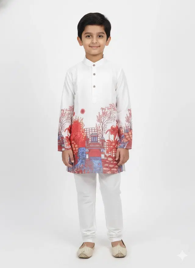 Silk Blend Printed Kurta & Paints Set for Boys , Cream (2-3 Years)