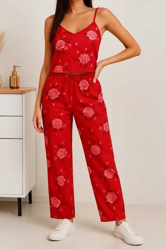 Women's Sleepwear All Over Print Pyjama; Red (M)