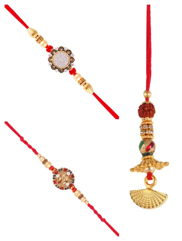 Designer Rakhi with Pearls Lumba for Rakshabandhan, Multicolor, Pack of 3