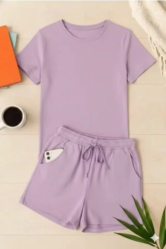 Cotton Blend Solid Top & Bottom Set for Women, Purple (L)