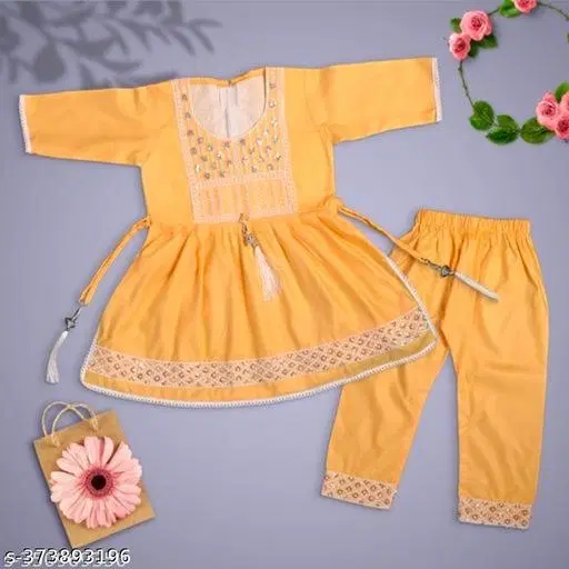 Rayon Kurta Set for Girls (Yellow, 0-3 Months)