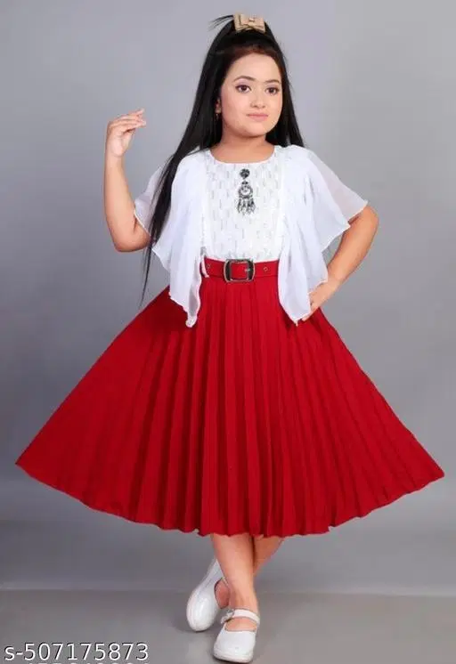 Self Design Chiffon Fit And Flare Dress for Girls (Red, 0-3 Months)