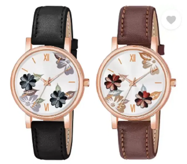 Leather Strap Analog Watch for Women & Girls, Pack of 2 (Multicolor)