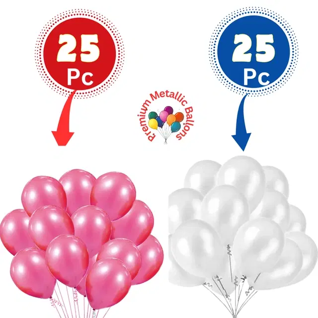 Rubber Premium Metallic Balloons for Party, Pink & White, Pack of 50