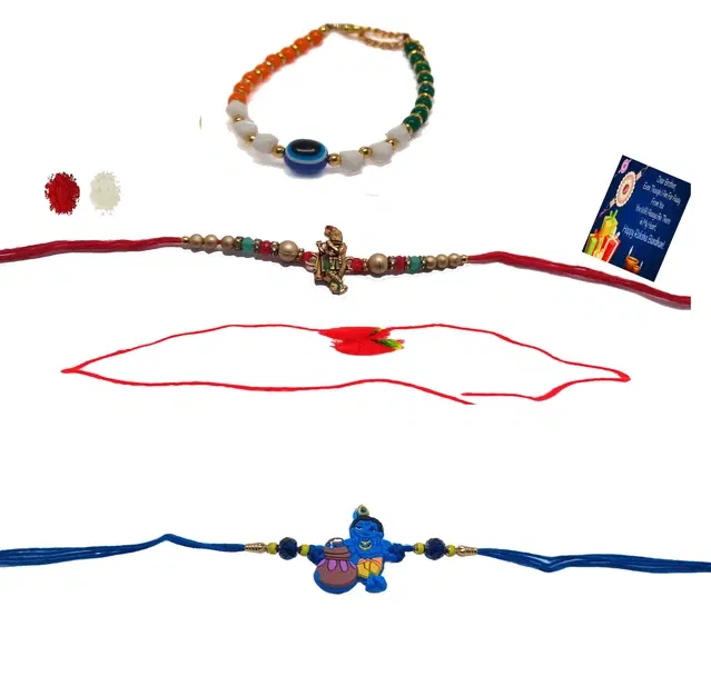Combo of Metal 3 Pcs Rakhi, Greeting Card, Roli Chawal & Bracelet (Multicolor, Set of 1)