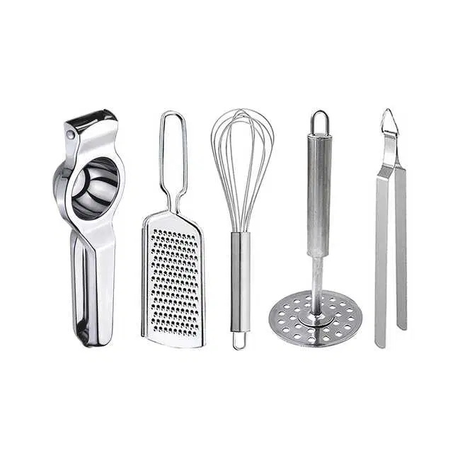 Oc9 Stainless Steel Lemon Squeezer & Cheese Grater & Egg Whisk & Potato Masher & Roti Chimta Kitchen Tool Set, O-103