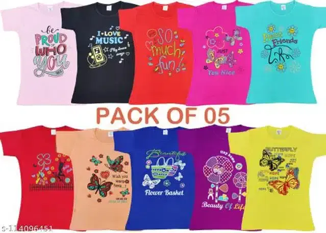 Cotton Half Sleeves T-Shirt for Girls, Pack of 5 (Multicolor, 1-2 Years)