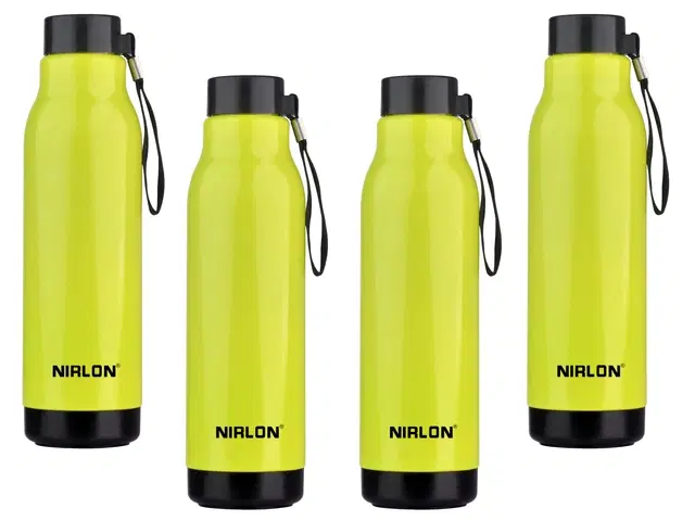 Nirlon Loki Pu Insulated Stainless Steel Inner Side Set Of 4, 480Ml Each Bottle, Break Proof, Leak Proof, Hot & Cold Water Bottle For Home| School | Office | Gym | Hiking | Travel Bottle (Green)