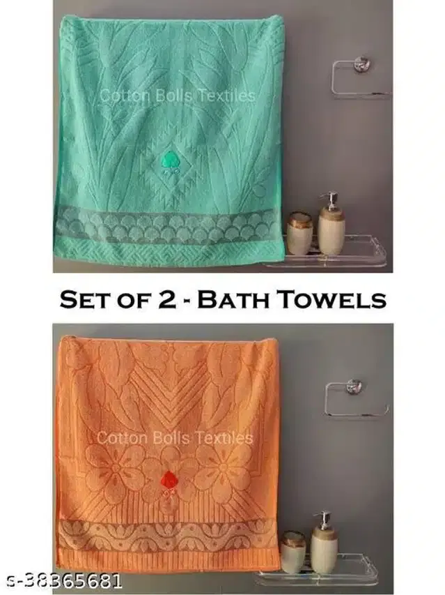 Cotton Bath Towels, Sea Green & Orange, 30x60 cm, Pack of 2