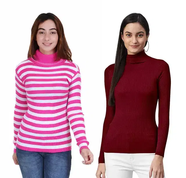 Full Sleeves Solid Sweater for Women, Pack of 2 (Maroon & Dark Pink, S)