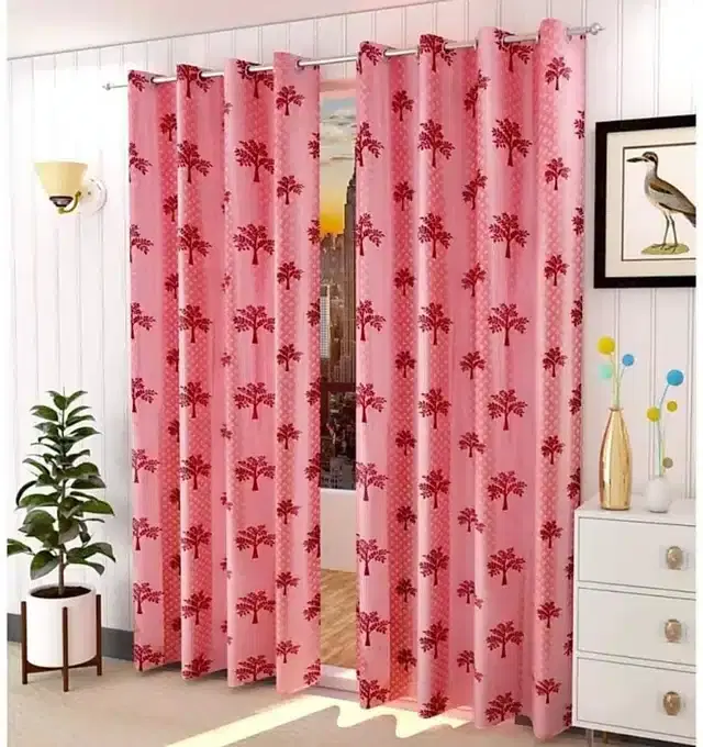 Polyester Printed Window & Door Curtains, Pack of 2, Maroon, 5 feet