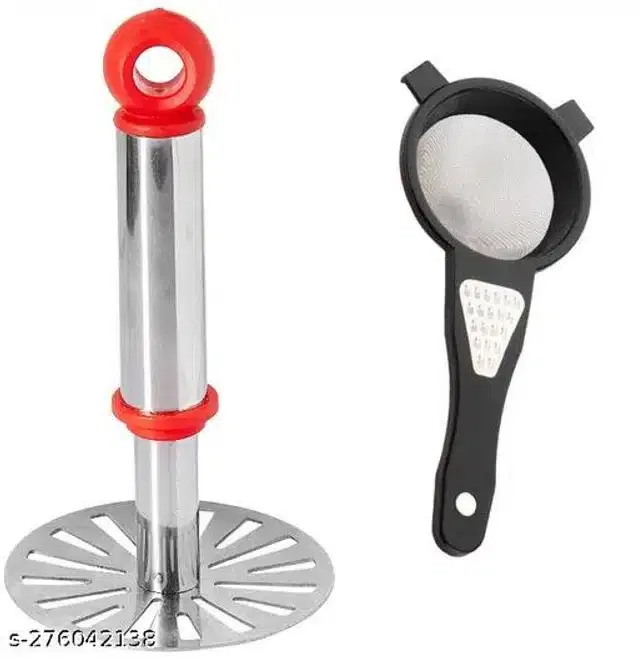 Masher with Tea Strainer, Black & Silver, Set of 2