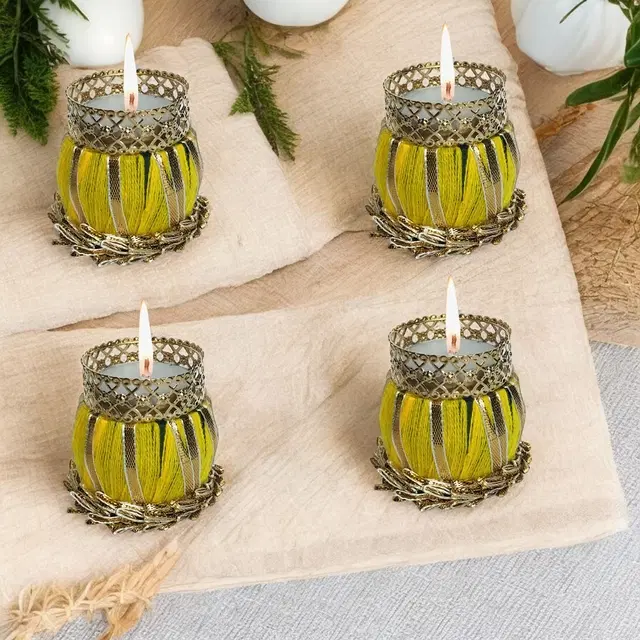 Metal Designer Tealight Candle Holder, Yellow, 5x5x6 cm, Pack of 4