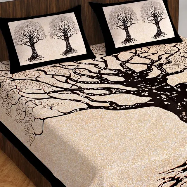 Cotton Rajasthani  black and beige Jaipuri tree Double Bedsheet with 2 Pillow Covers 90x100 inches