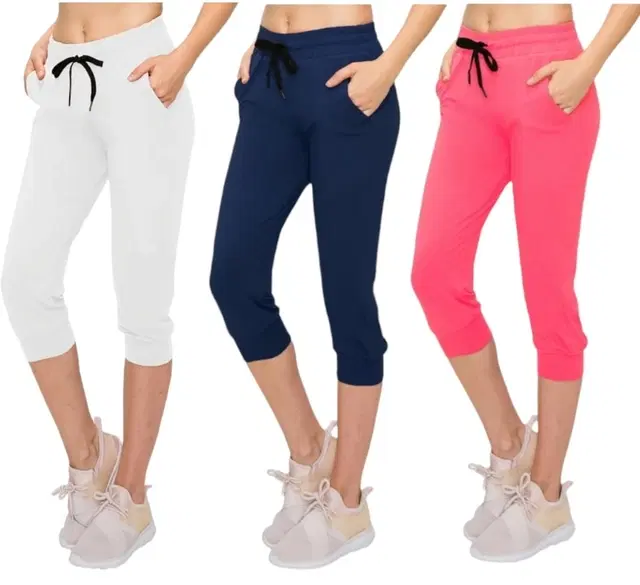 Cotton Solid Capris for Women, Pack of 3 (Multicolor, L)