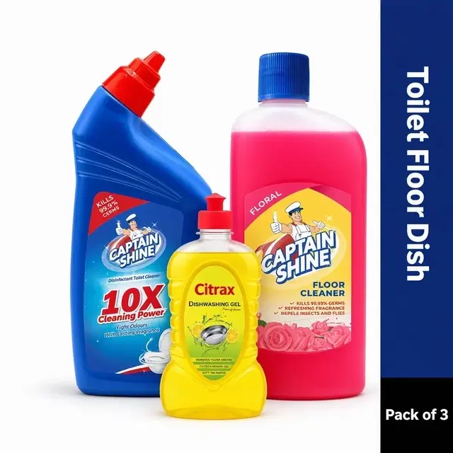 Captain Shine Floor Cleaner 500 ml (Floral) + Captain Shine Toilet Cleaner 500 ml + Citrax Dishwash Gel 500 ml (Bottle)
