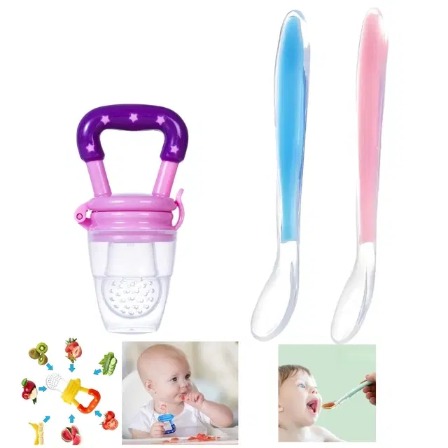Combo of Silicone 2 Pcs Feeding Spoon & Fruit Nibbler for Baby, Multicolor, Set of 3