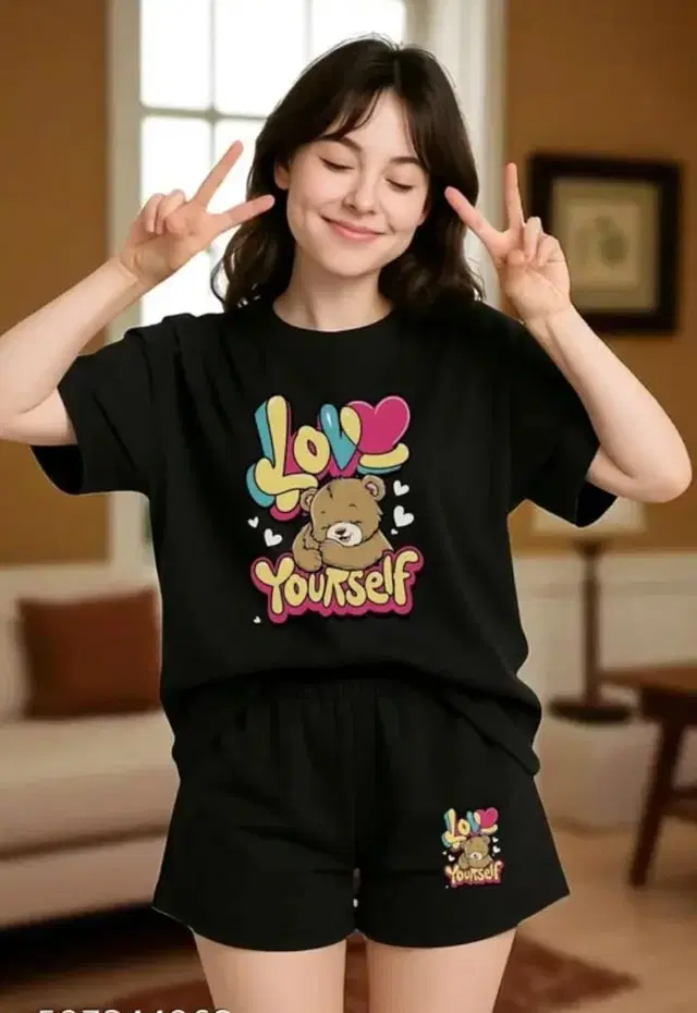 Cotton Blend Printed Top & Bottom Set for Women, Black (XS)