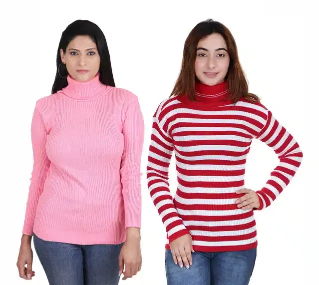Full Sleeves Solid Sweater for Women, Pack of 2 (Pink & Red, S)