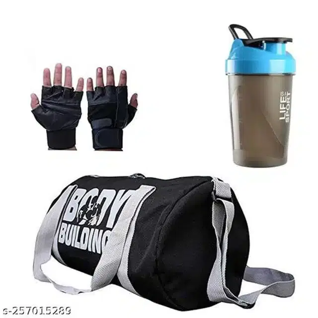 Combo of Gym Bag with Shaker Bottle, 500 ml, Gloves, Multicolor, Set of 3