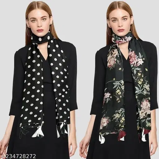 Poly Chiffon Scarves for Women, Black, Pack of 2