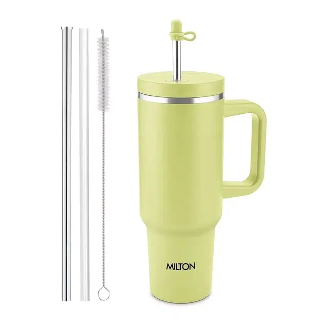 Milton My Tumbler 1200 Thermosteel Double Wall Vacuum Insulated Stainless Steel Tumbler With Handle 1100 ml,Leak Proof Travel Mug, Straw,Silicon Cap Cleaning Brush, Hot & Cold Beverage Flask,Moss Green