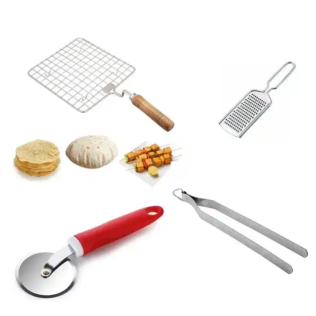 Stainless Steel Cheese Grater, Steel Wire Roaster, Chimta & Pizza Cutter, Combo of 4