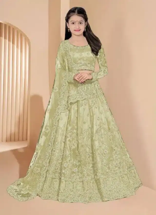 Net Embroidered Semi Stitched Lehenga for Girls (Light Green, 9-10 Years)