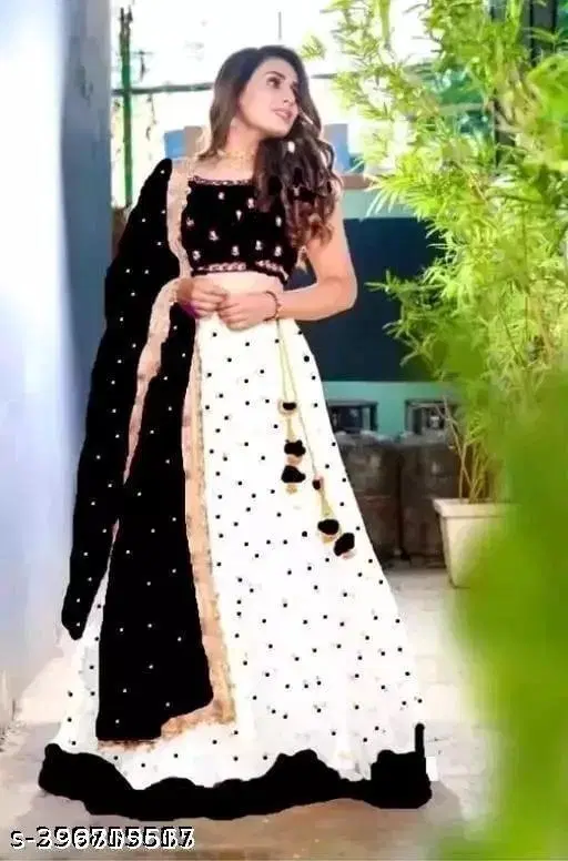 Net Embroidered Lehenga Choli with Dupatta for Girls (White & Black, 12-13 Years)