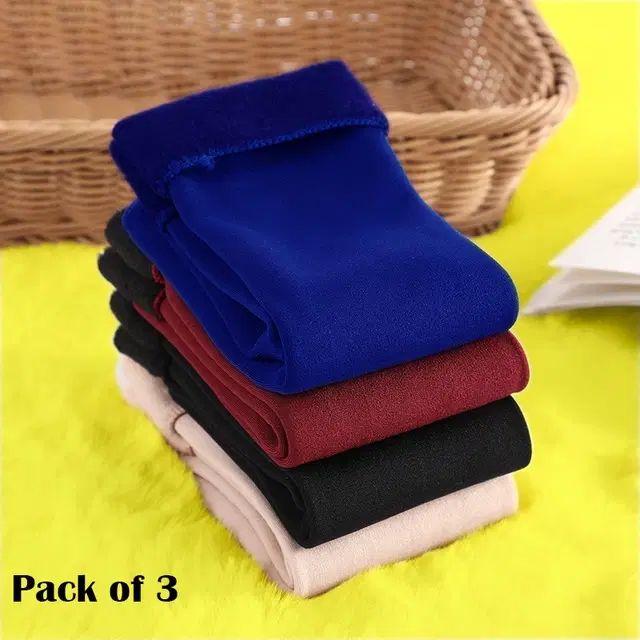 Woolen Solid Socks for Women, Set of 3 (Multicolor)